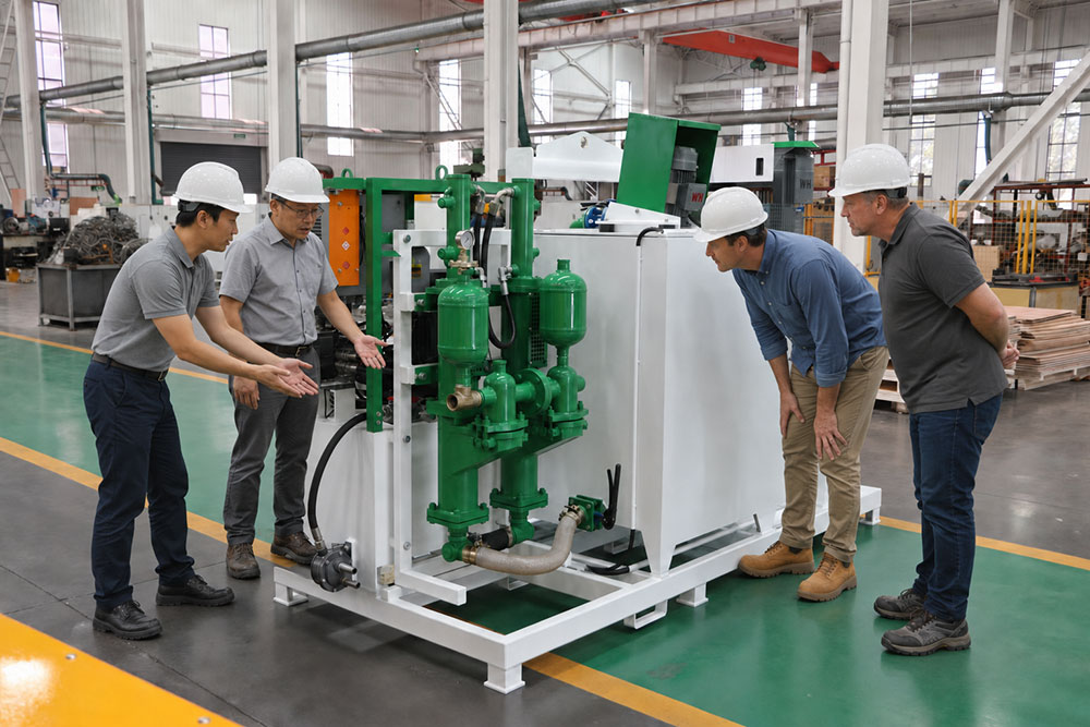 Australian clients inspecting a grout mixing plant at our factory