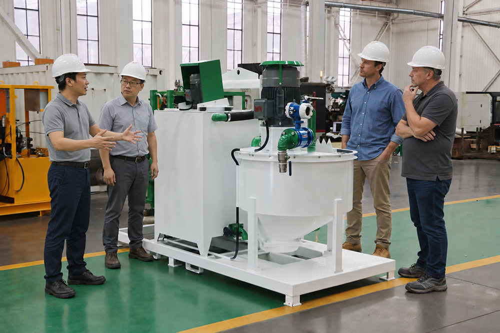Engineer explaining the grout mixer and agitator to Australian clients