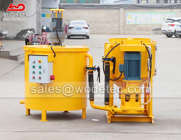 Adjustable cement grout mixer and agitator for deep well casing